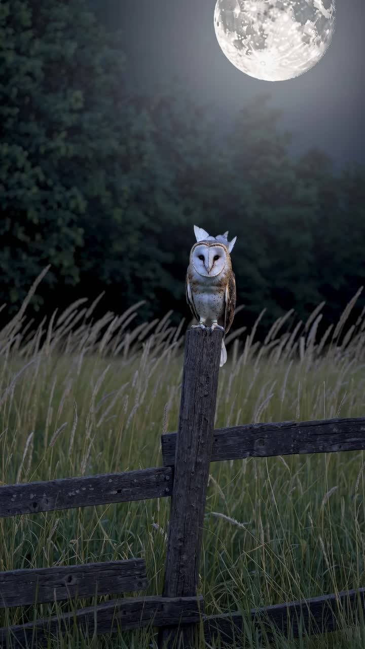 A serene night scene with an owl perched on a fence under a full moon