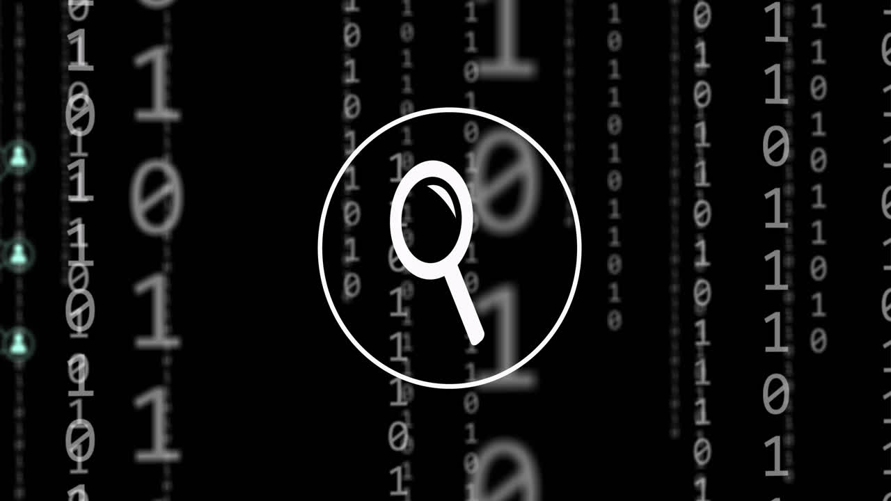 animación del icono de la lupa digital, codificación binaria y procesamiento de datos