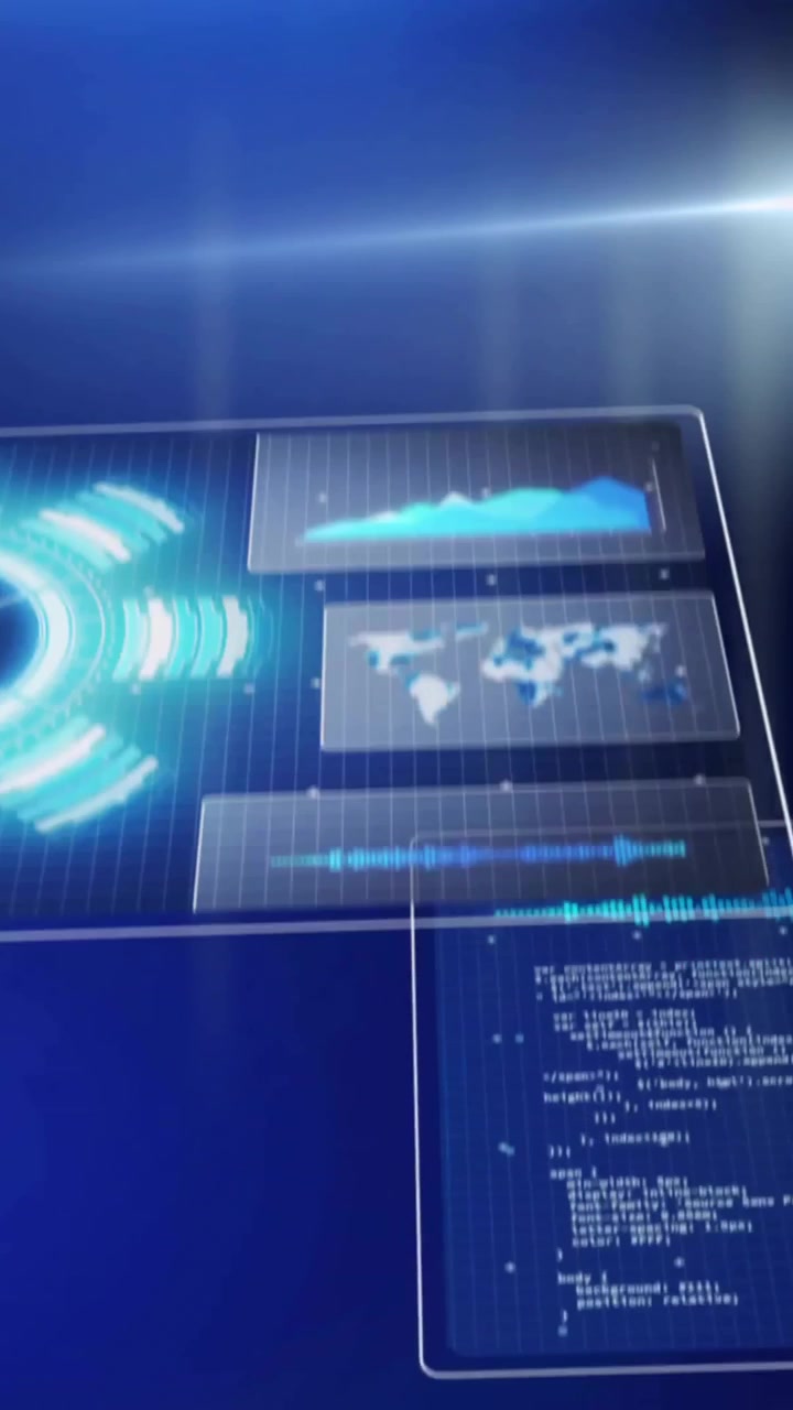 Animazione di elaborazione e analisi di dati digitali su sfondo blu