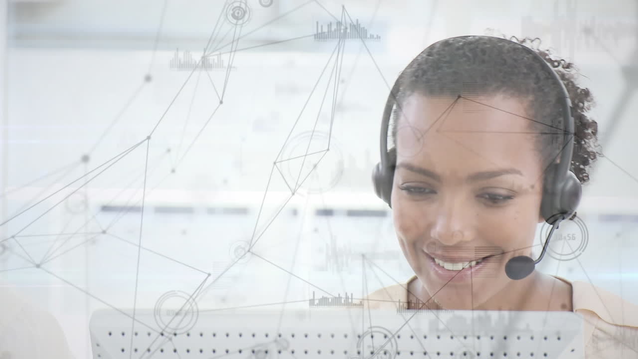 Animation of network of connections, statistics over businesswoman using phone headsets