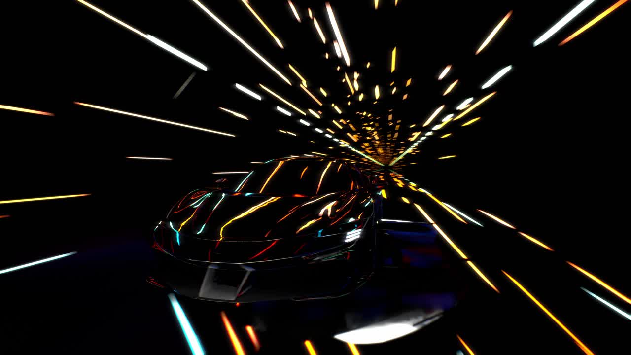 3D Speeding Sports Car On Neon. Powerful Acceleration Of A Supercar On A Night Track With Colorful Lights And Trails. 3D Animation