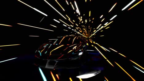 3d speeding sports car on neon. powerful acceleration of a supercar on a night track with colorful lights and trails. 3d animation