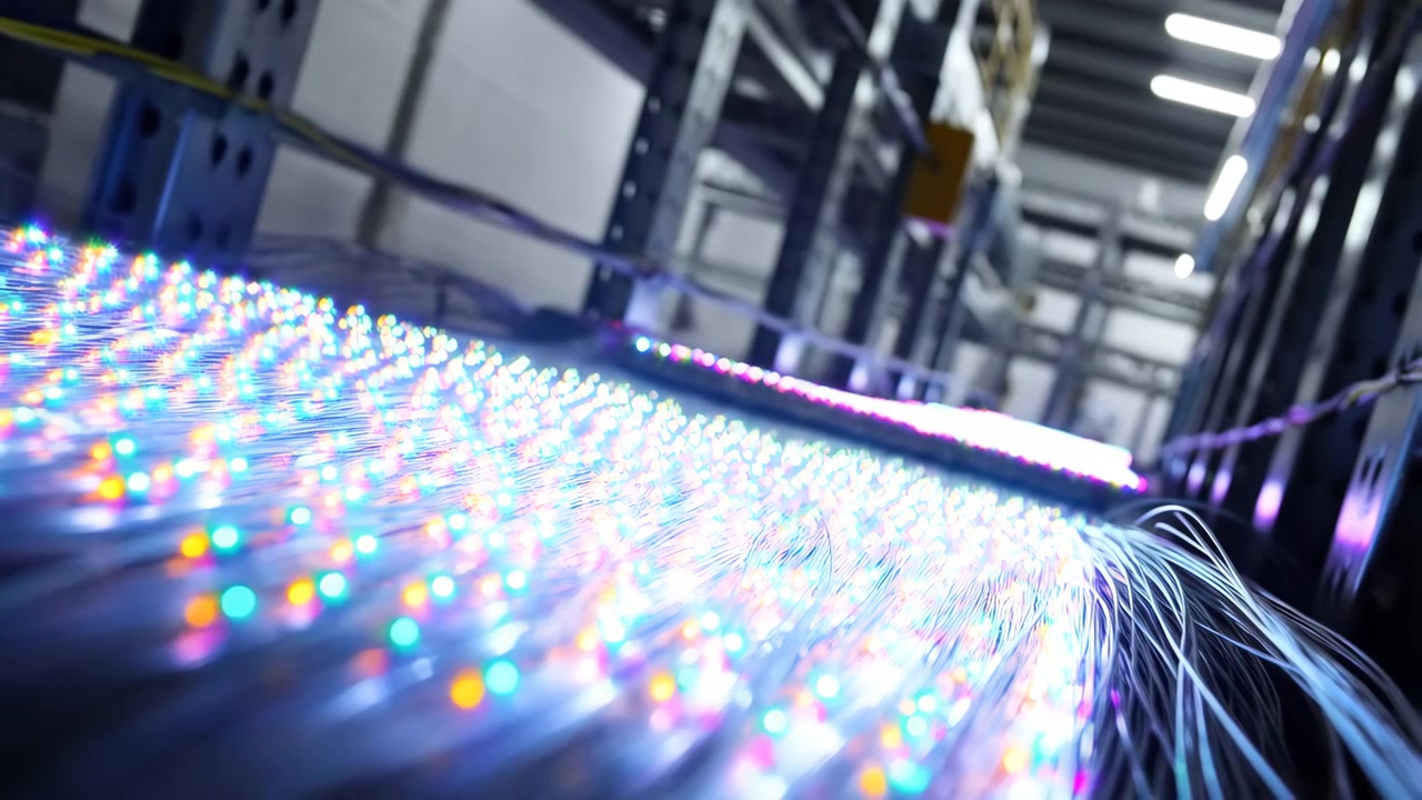 Oblique low angle shot of dense fiber optic strands lit by concentrated multicolored LEDs, with bright cyan magenta yellow white pinpoints, soft bokeh, reflective surfaces and cool industrial detail
