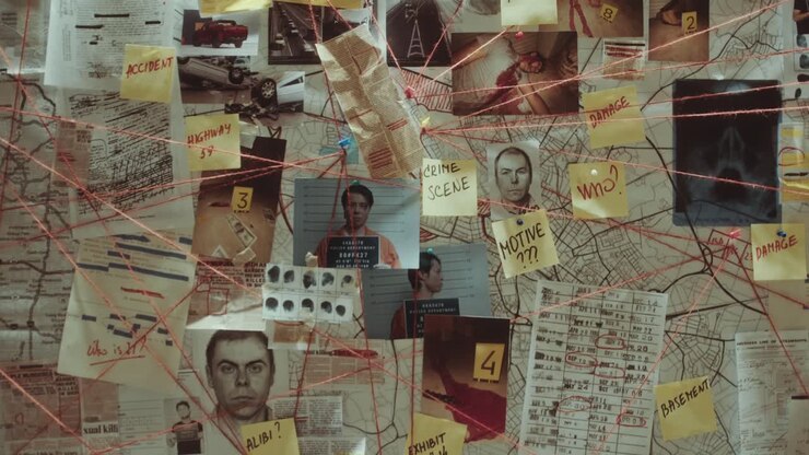 Clues and Evidence Attached with String to Detective Board