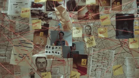 clues and evidence attached with string to detective board