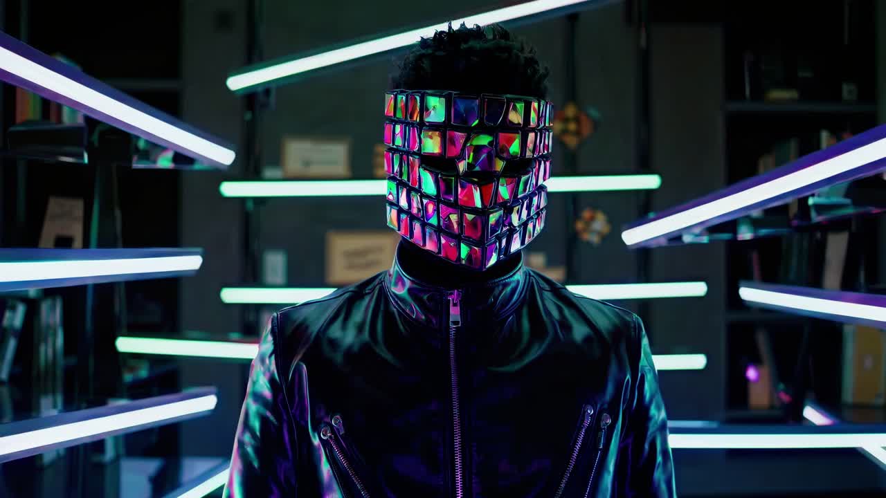 Person with a mysterious iridescent geometric mask stands in a dark room illuminated by colorful neon lights, creating a futuristic and enigmatic atmosphere