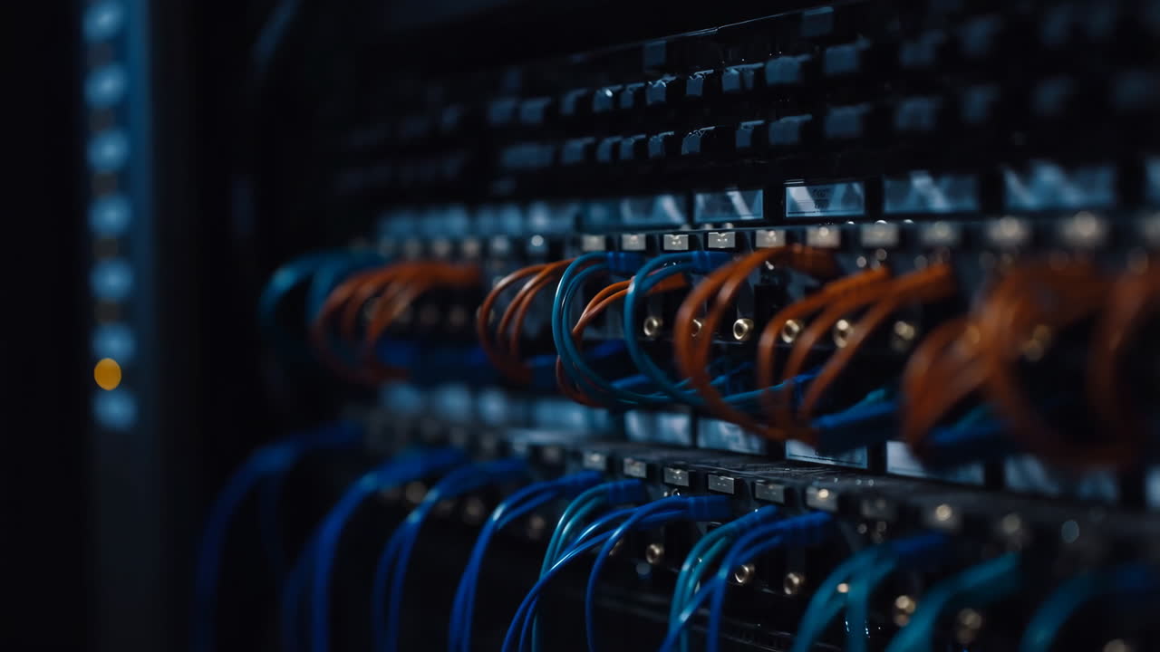 Close-up of network cables in a server rack