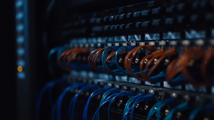 Close-up of network cables in a server rack