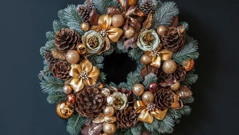 gold and brown christmas wreath with pine cones and floral accents