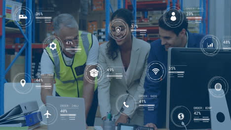 animation of data processing over diverse supervisors and workers discussing together at warehouse