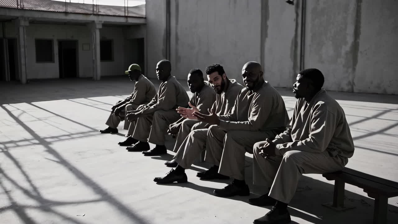 Inmates sitting in prison yard