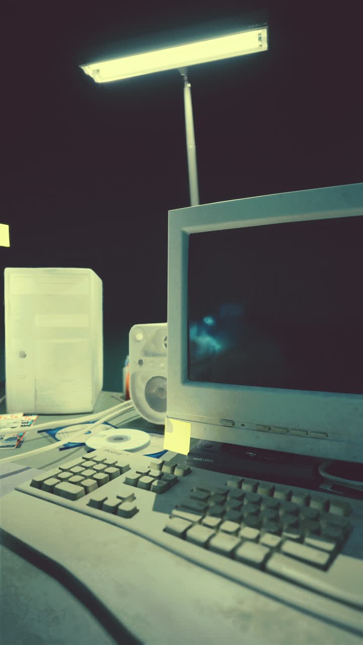 Gammel computeropsætning på et skrivebord i et mørkt rum