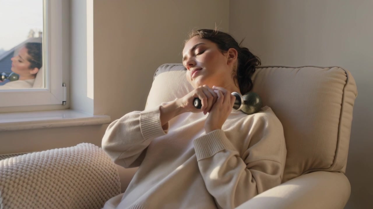 Pegando um massageador de duas esferas, mulher massageando o pescoço em uma cadeira perto da janela para aliviar a tensão, vestindo malha