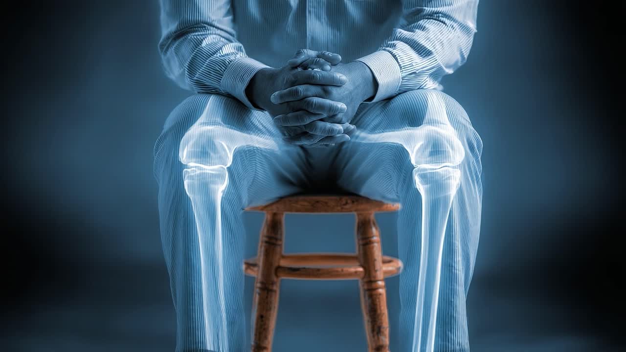 A Thoughtful Individual Sitting on a Stool, Radiating Blue Light to Highlight the Invisible Structure of Human Bones and Joints