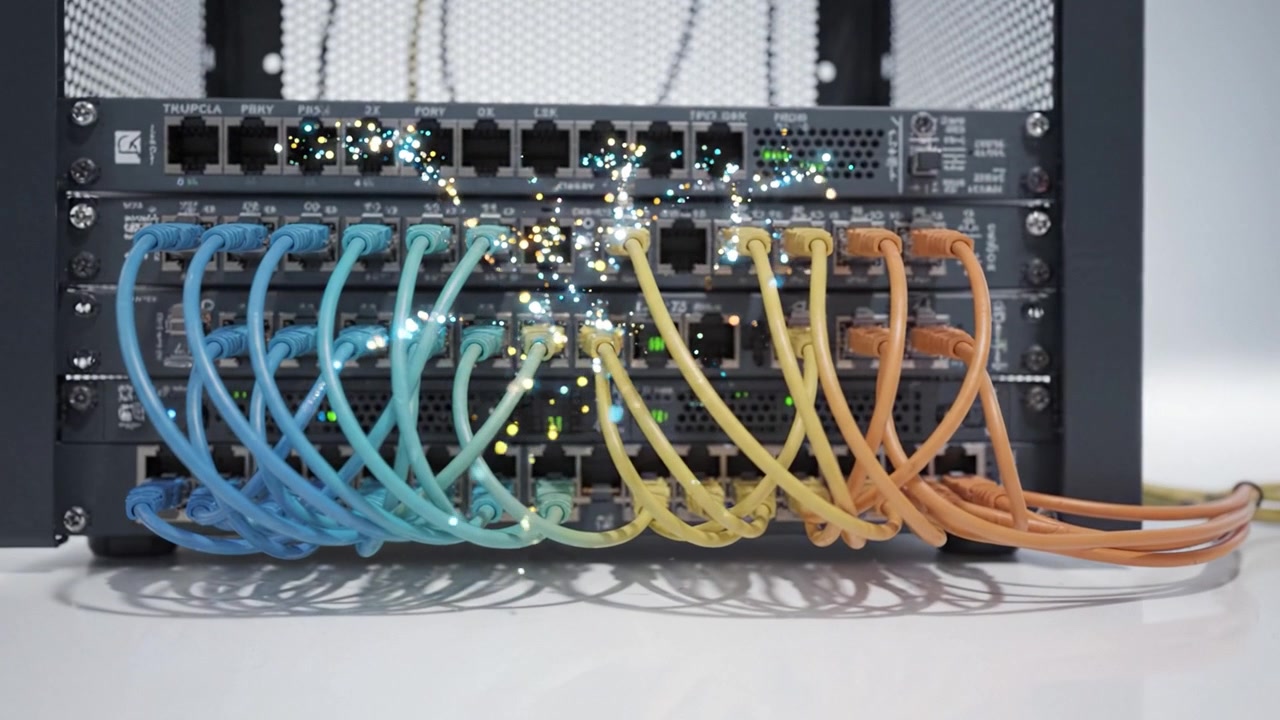 Innovative Network Hub with Colorful Cabling Featuring Ethernet Ports, LED Indicators, and Dynamic Connectivity for Modern Data Communication Solutions