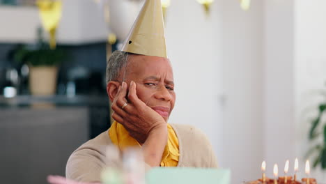 birthday, senior woman and cake with depression