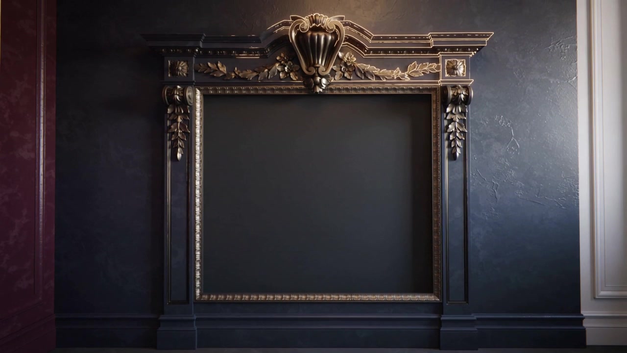 Brilho se deslocando, câmera se estabilizando, revelando uma moldura vazia ornamentada na parede de uma galeria para exibir um brasão dourado.