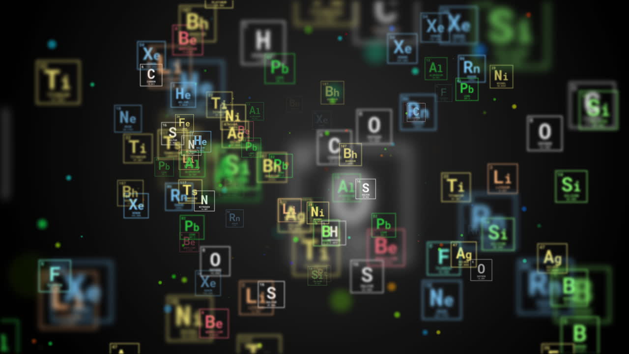 Colored flying icons of the chemical elements of the Mendeleev periodic table on a black background. Looped animation.