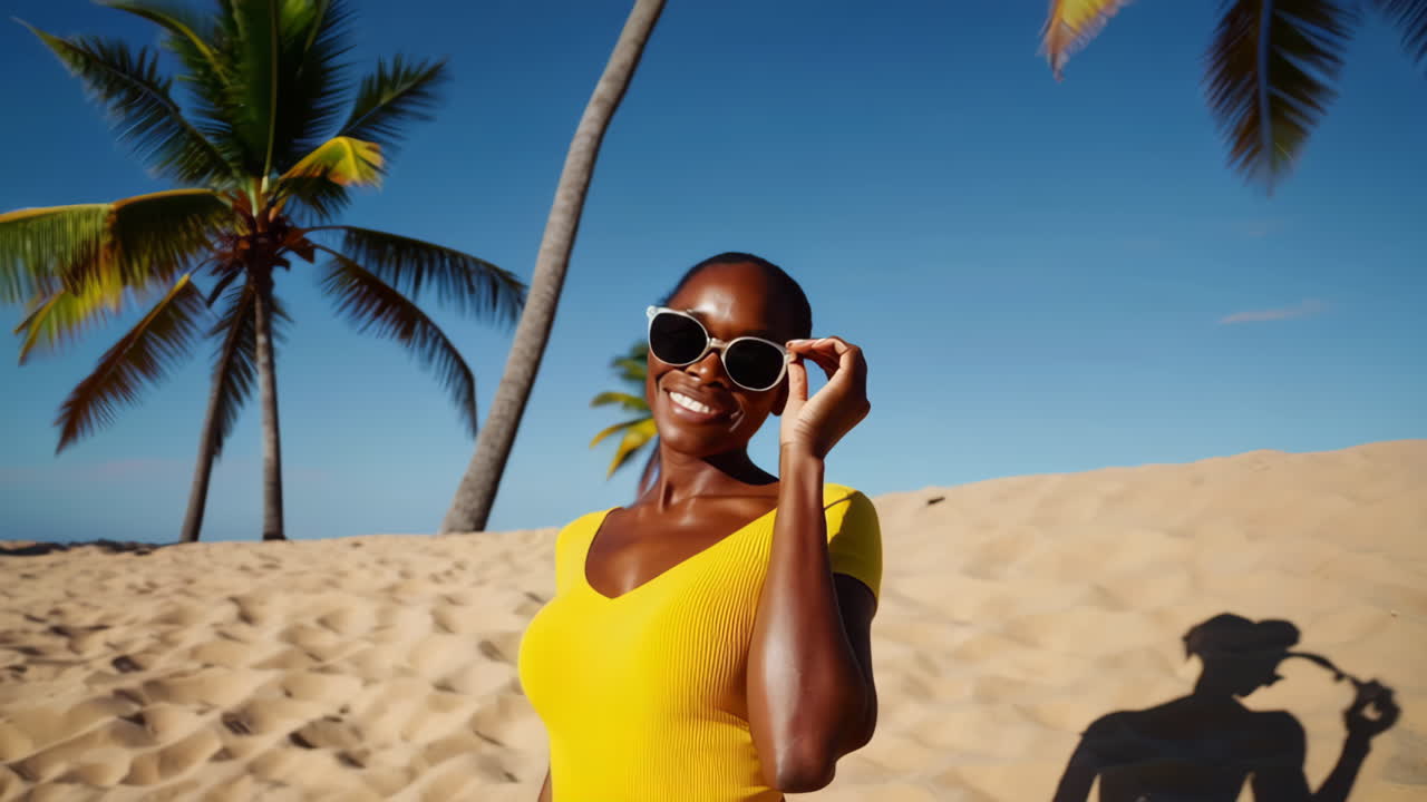 Donna sorridente con occhiali da sole su una spiaggia tropicale