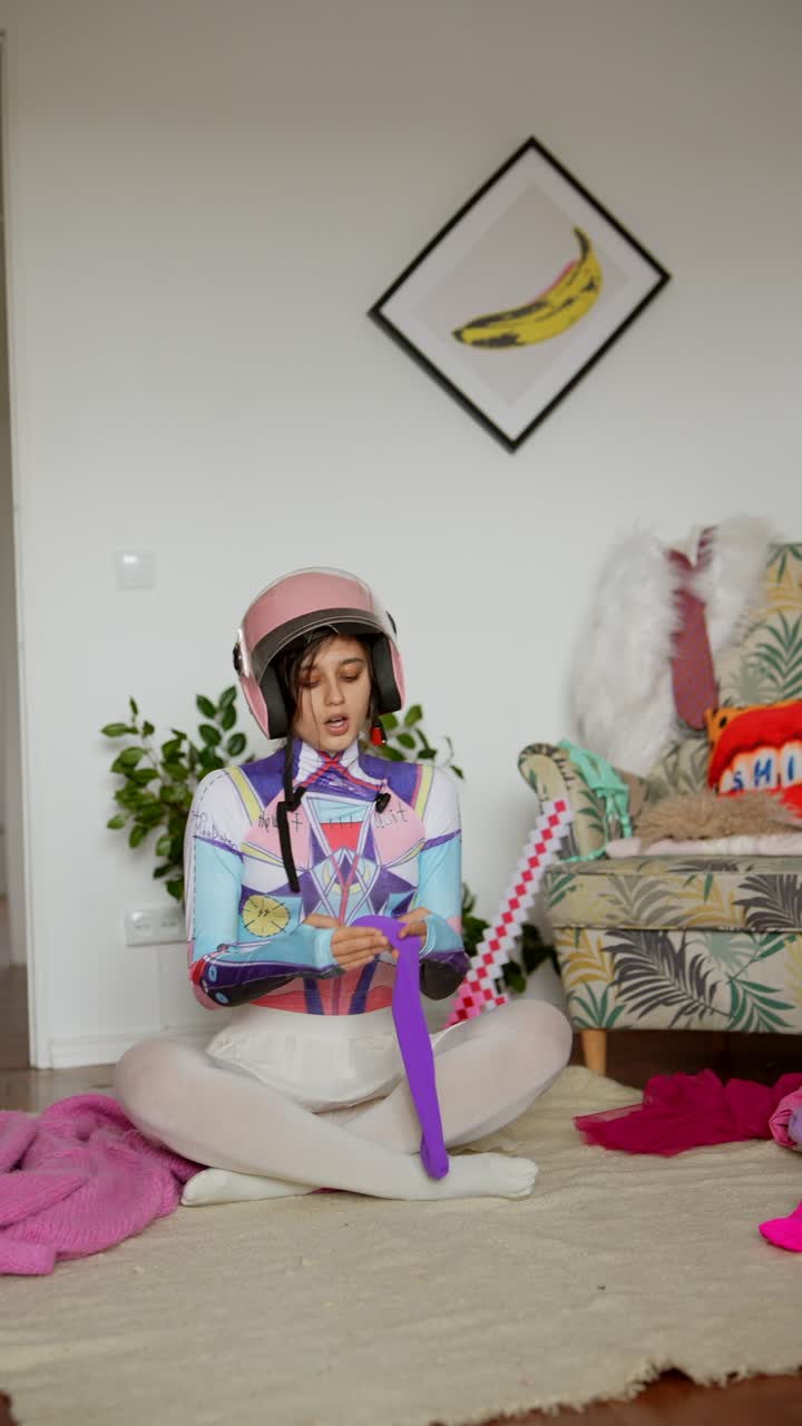Quirky Woman in Helmet and Colorful Outfit Creating Social Media Video