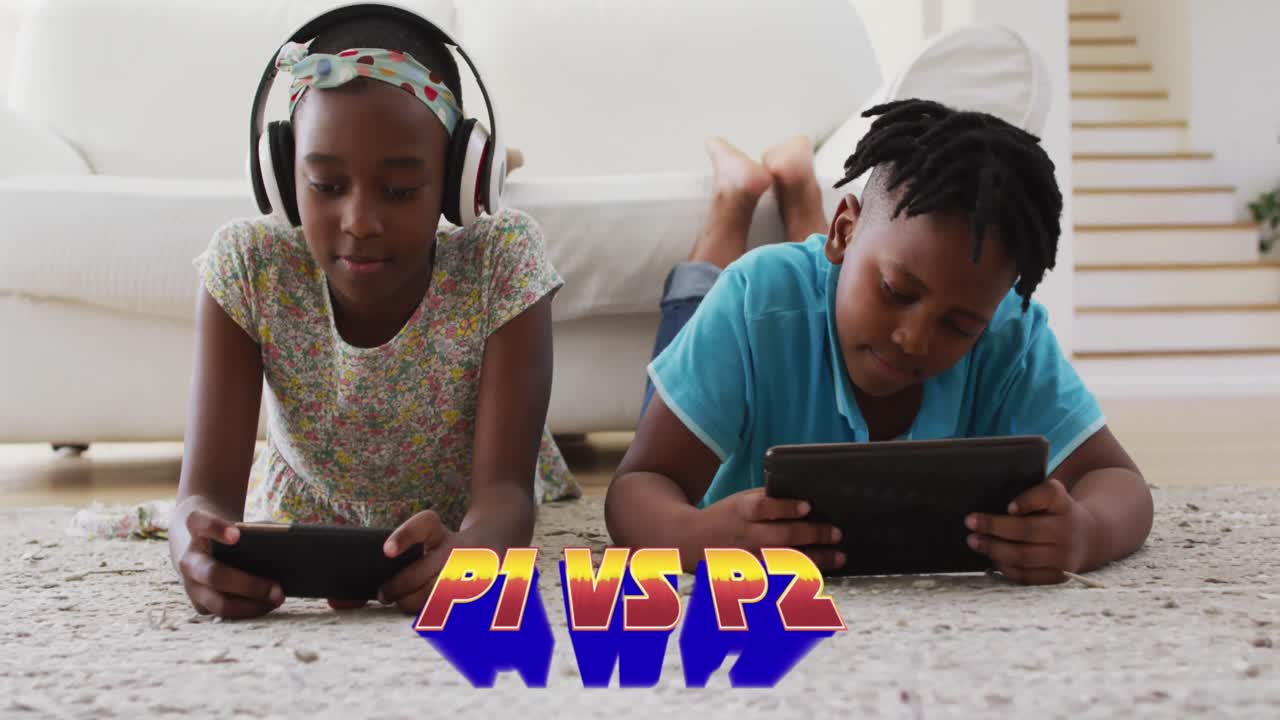 Animation of p1 vs p2 text with african american children using tablet and smartphone