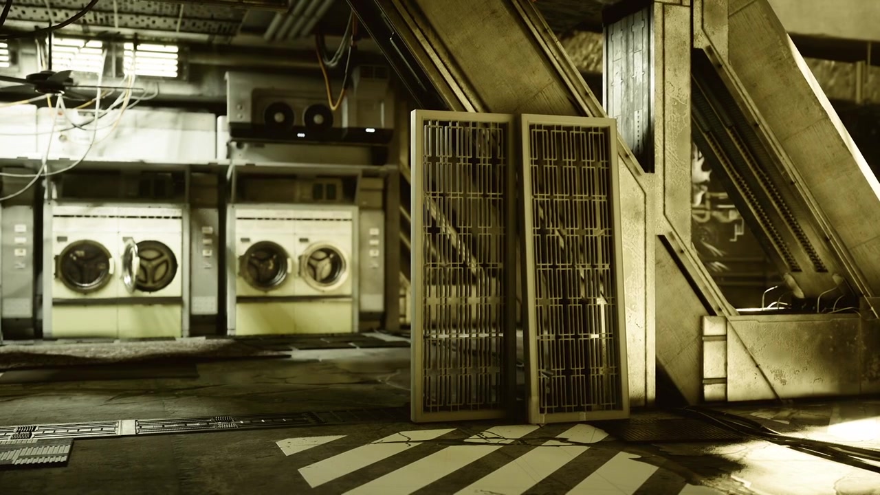 Silent escalator next to industrial washing machines and metallic fencing