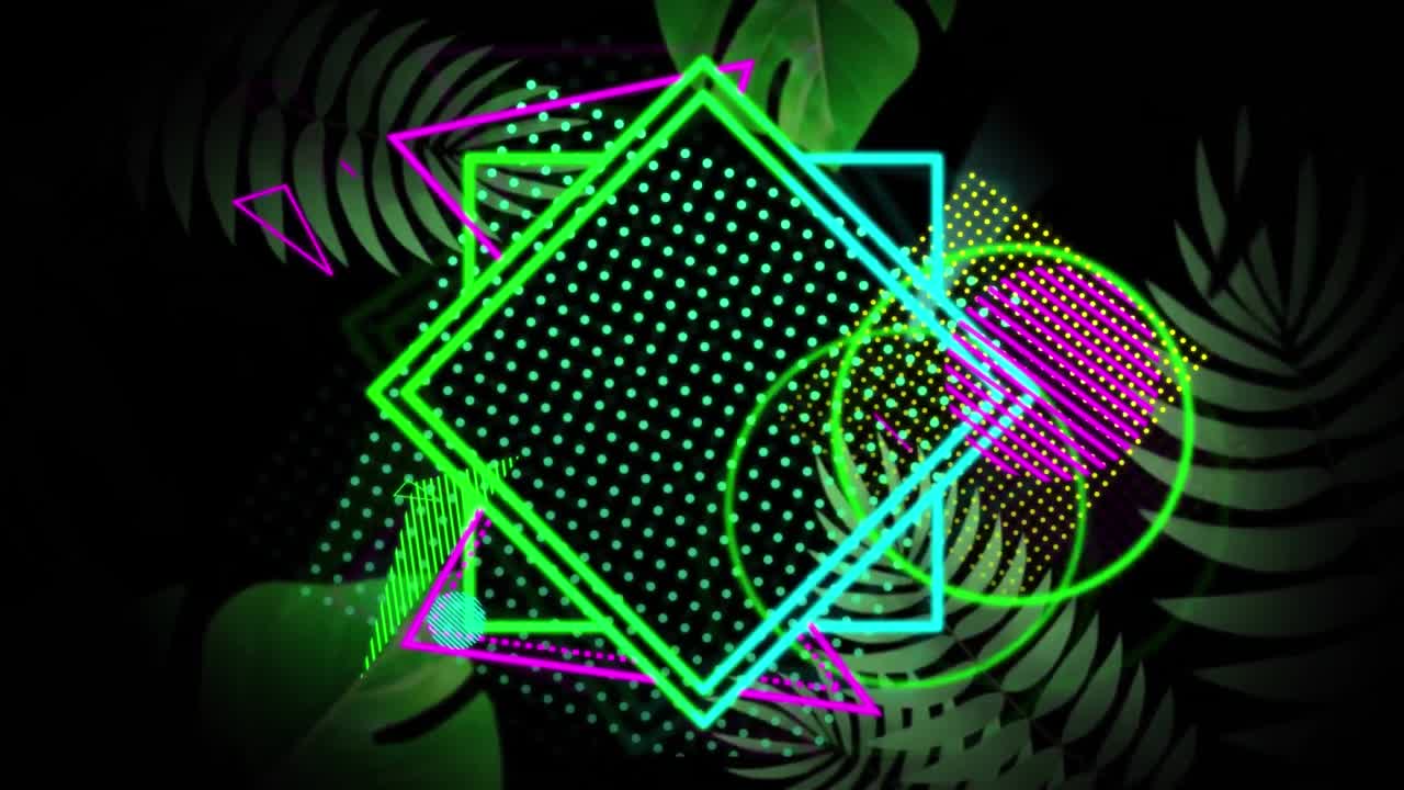 Animazione di forme geometriche colorate e foglie tropicali su sfondo nero