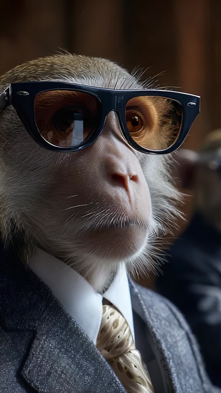 A Stylish Monkey in Sunglasses and a Suit Exudes Confidence and Charm, Capturing the Attention with Its Unique Look and Poised Expression in a Luxurious Setting
