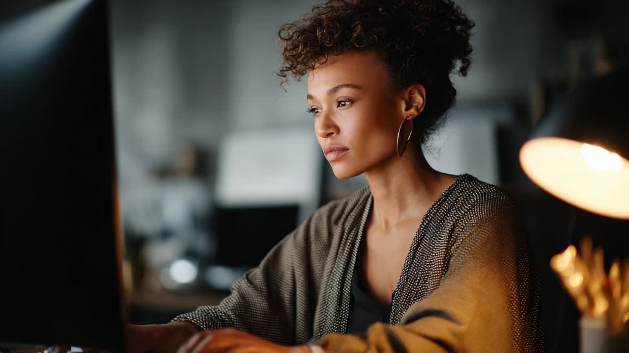 A focused young woman immersed in her work at a computer in a cozy and dimly lit office setting, embodying concentration and creativity while surrounded by modern technology and design elements