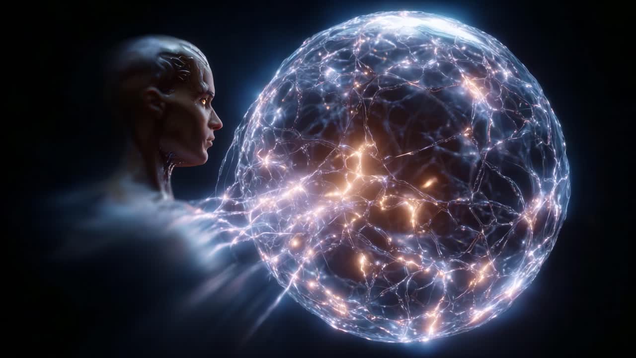 Un'esplorazione surreale della mente e dell'energia umana, rappresentata da una figura umanoide che rilascia vivaci motivi di luce in una sfera eterea e luminosa di nodi interconnessi