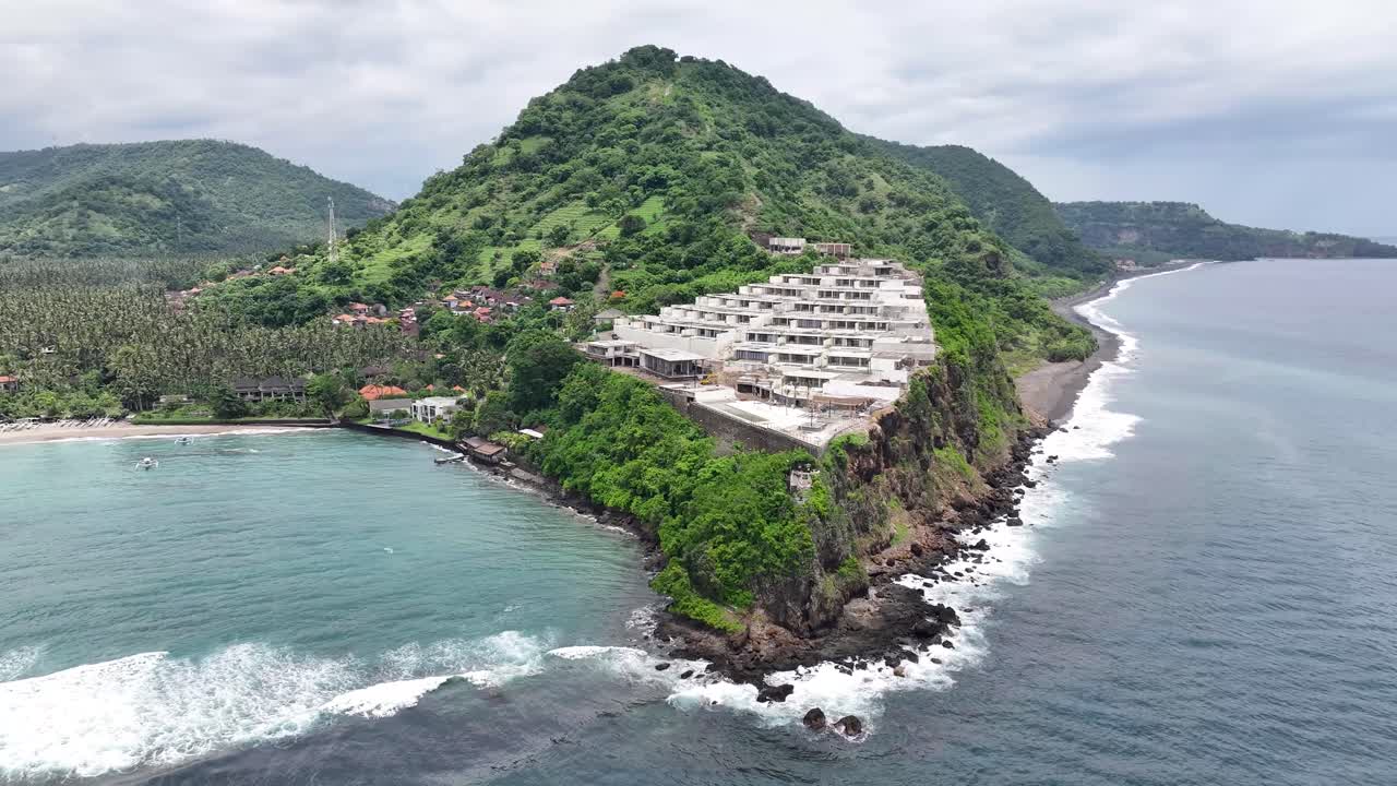 Neano Cliff Resort by Candidasa Beach, East Bali. Aerial view of the commercial building, tourism.
