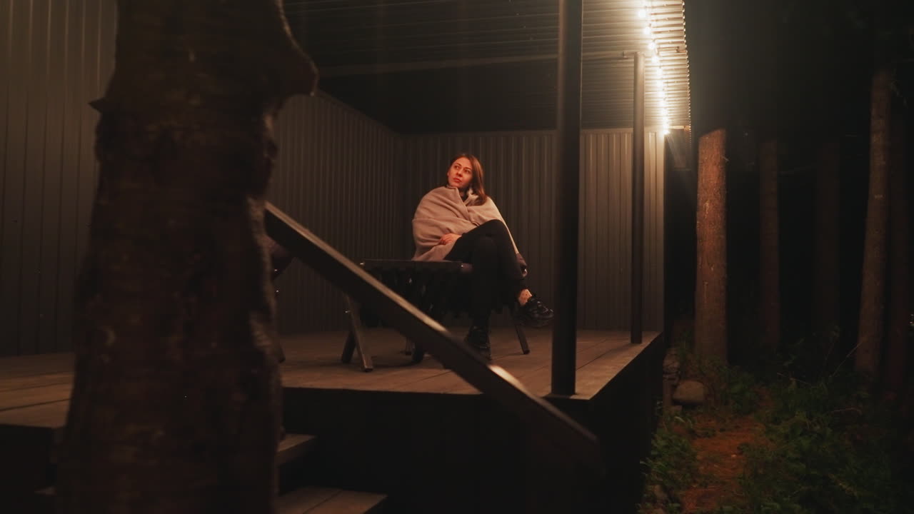 la mujer descansa en un sillón en el patio trasero. la señora disfruta de la soledad cerca de una cabaña rodeada de una tranquila extensión de bosque. oportunidad para repensar la vida