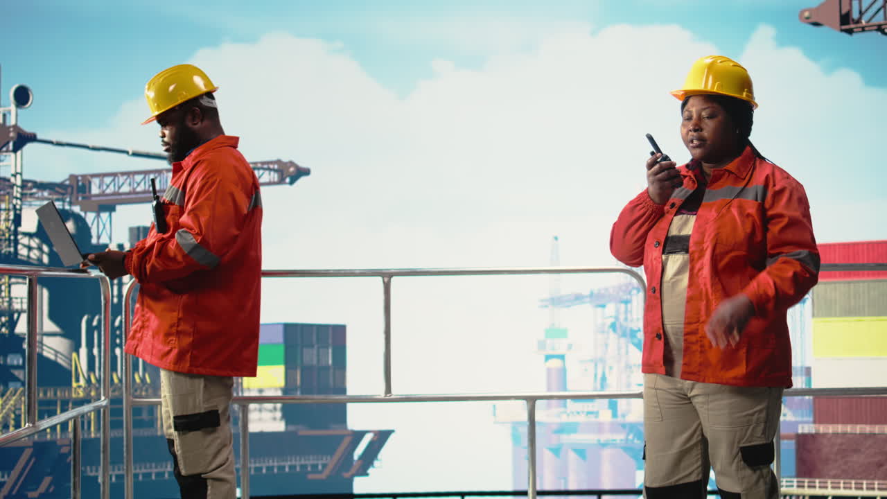 Vertical video Drilling rig worker using walkie talkie for coordination, performing maintenance