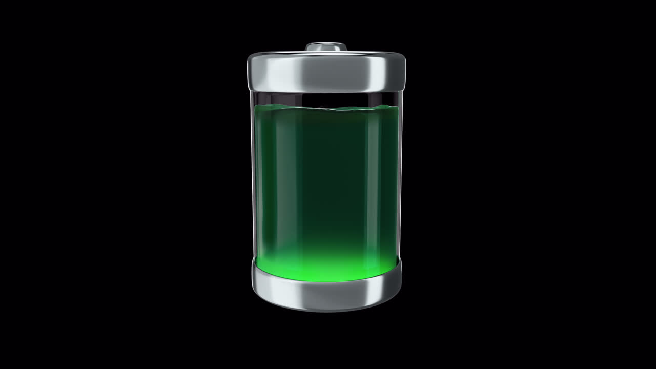 Carica ecologica della batteria con liquido verde, indicatori del livello di carica con canale alfa.