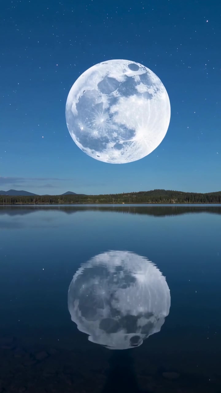 Vídeo vertical: Lua cheia brilhante lançando luz sobre um lago calmo à noite, a brisa ondulando o reflexo.