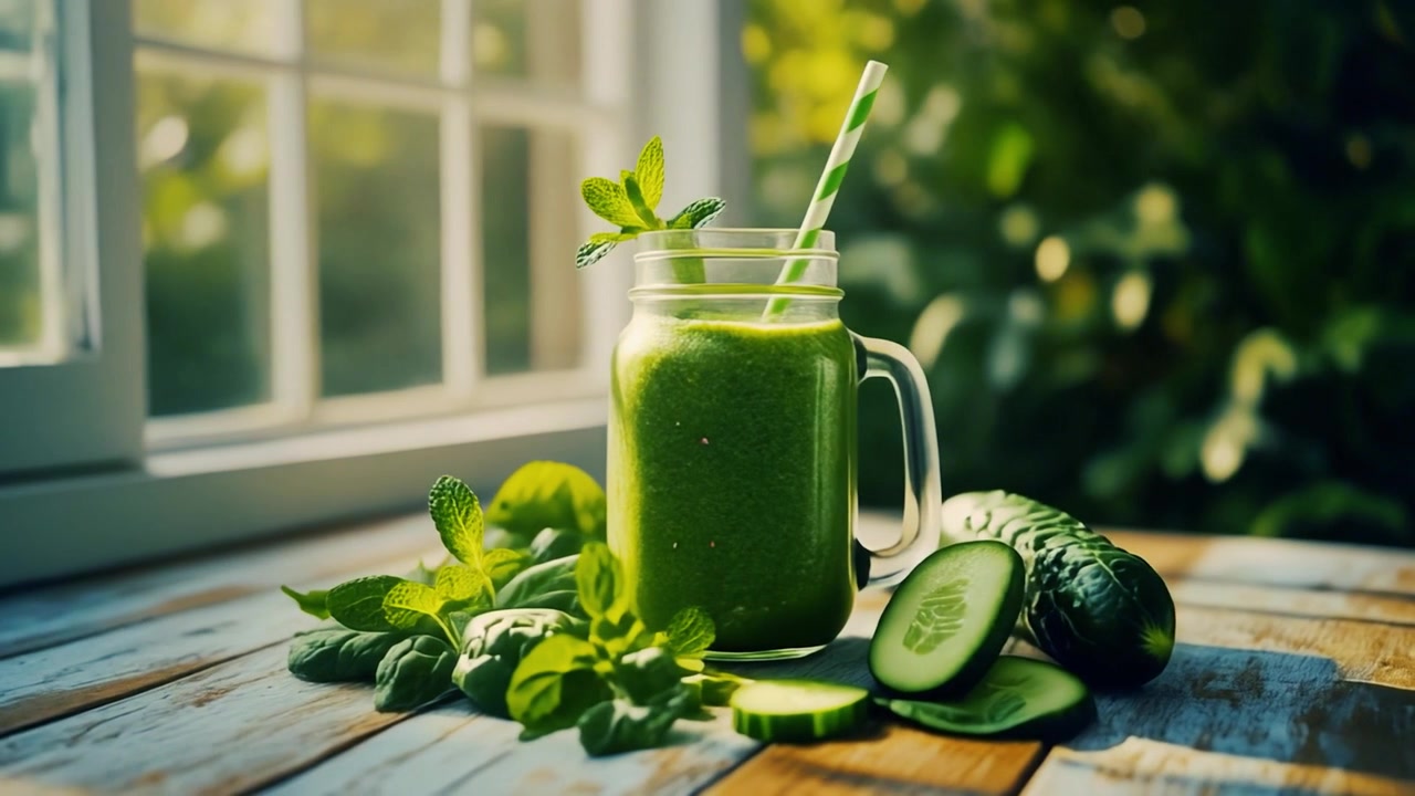 Frullato verde fresco in un barattolo di vetro su un tavolo di legno