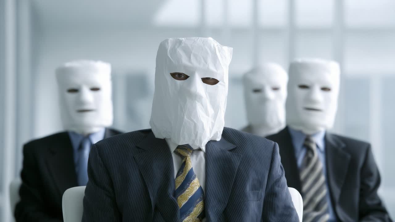 En slående visuel repræsentation af anonymitet og konformitet, med individer indhyllet i hvide masker, der skjuler deres identitet, mens de sidder i et moderne kontormiljø