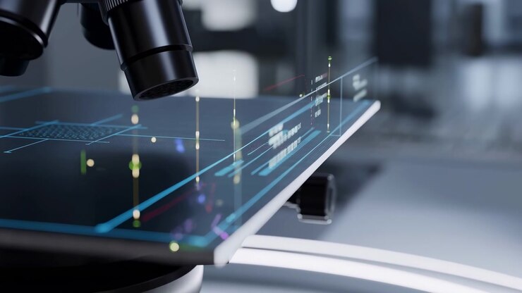 Close view shows microscope objectives positioned over a glossy screen while illuminated markers, graphs, and interface elements shift across the display beneath soft laboratory lighting.