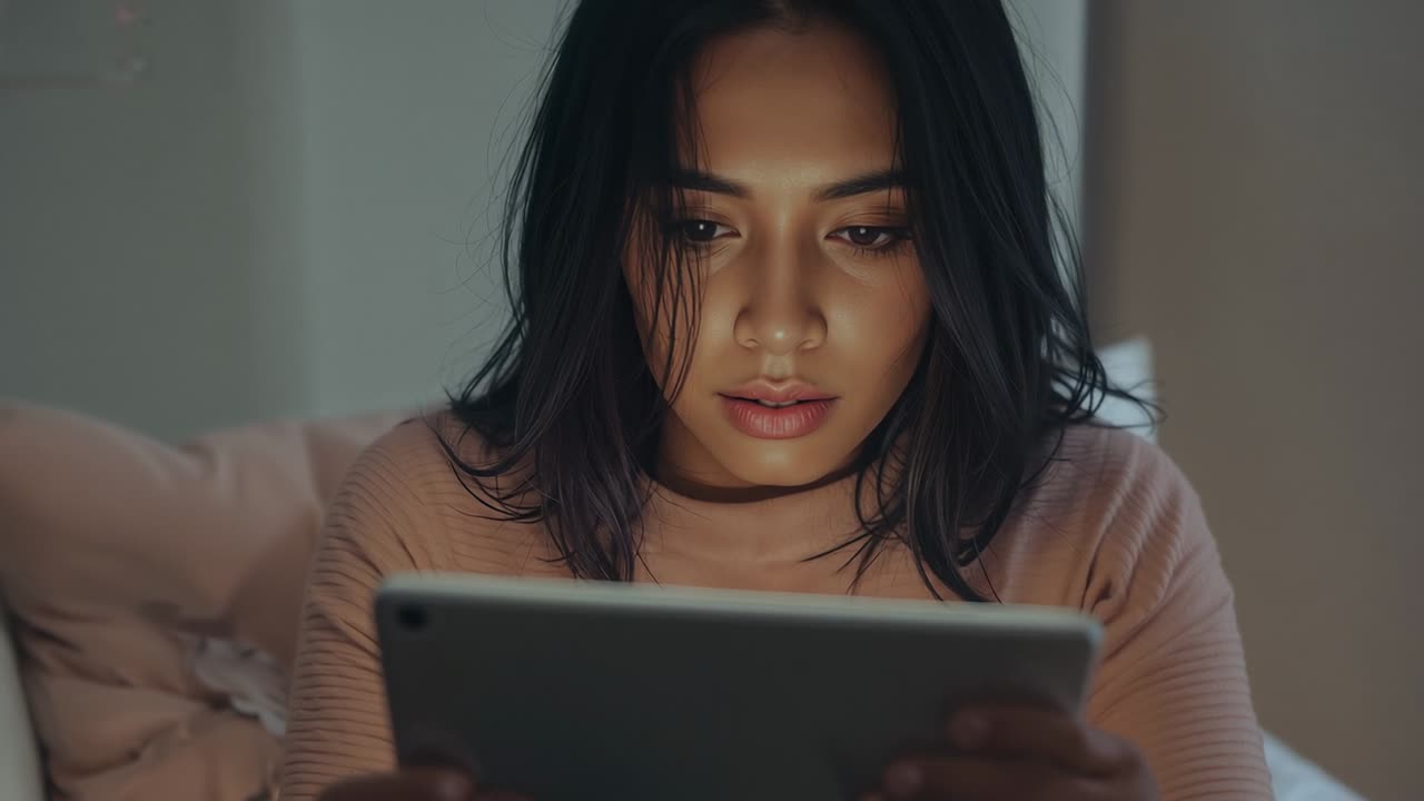 Adult woman picking up tablet and tracking scrolling content on sofa cushion for focused reading