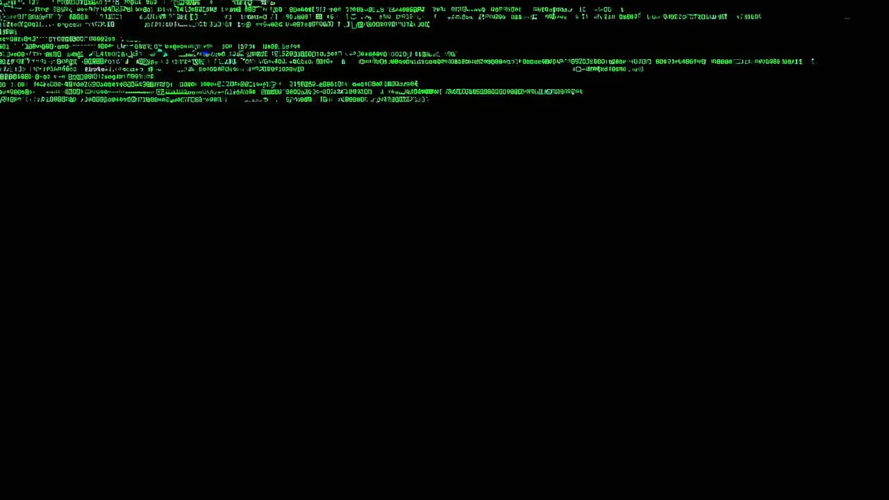 A close-up, angled view of green digital code lines on a black screen, resembling a video