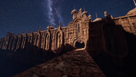 a fantasy castle with a stone gateway under a starry night sky