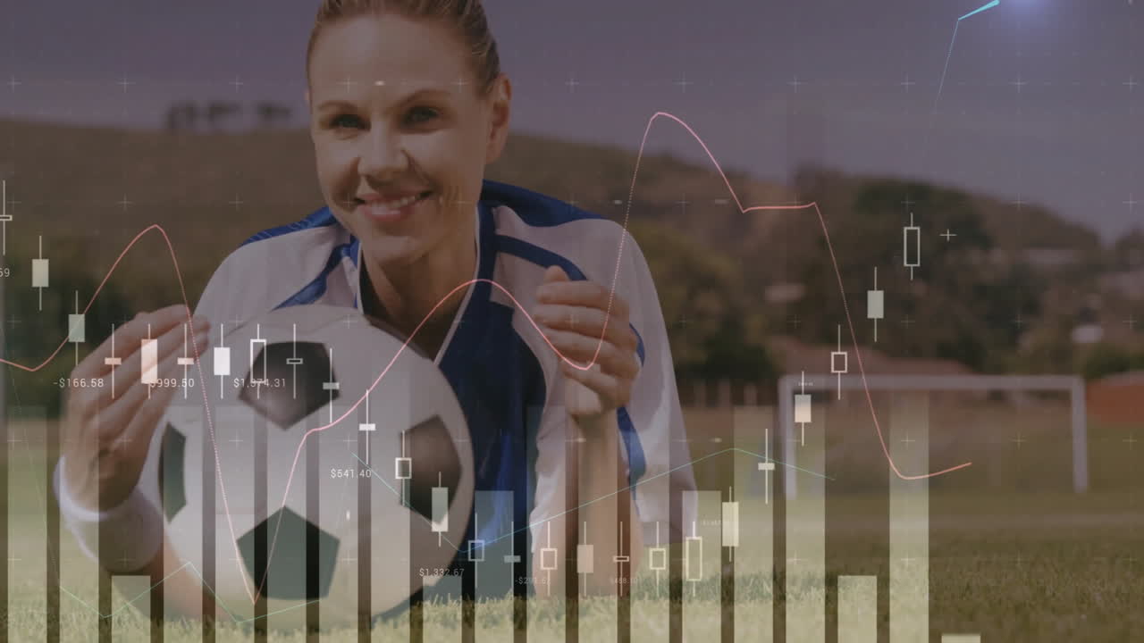 Smiling woman holding soccer ball with financial data animation overlay