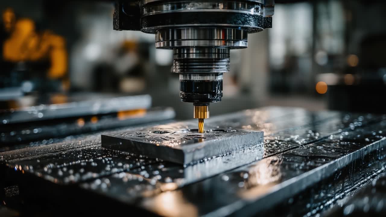 Processo di taglio dei metalli di precisione: Una fresatrice CNC impegnata nella creazione di lavorazioni complesse su un pezzo in acciaio in un moderno ambiente di produzione.