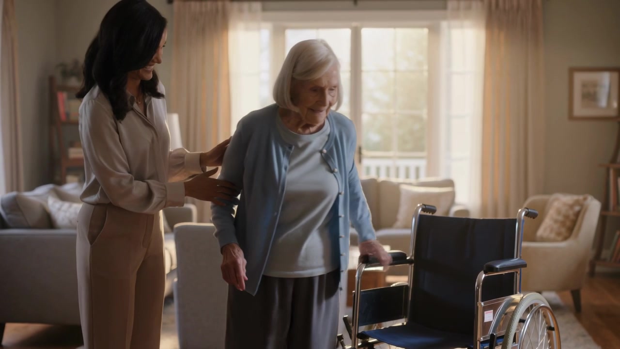 Anziano in cardigan che si alza e fa dei passi a casa, spingendo il bracciolo della sedia a rotelle, con l'assistente che lo sostiene.