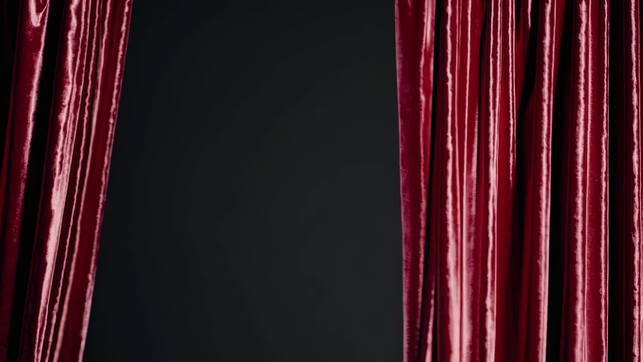 Um vídeo dramático em close-up de cortinas de veludo vermelhas parcialmente abertas, revelando um plano de fundo escuro