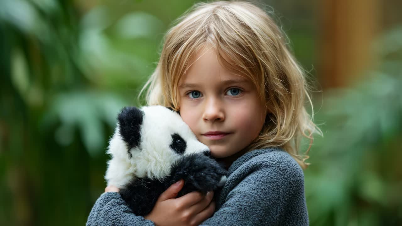 A young child with captivating blue eyes holds a soft panda toy with affection, surrounded by lush greenery that enhances the serene atmosphere of this tender and heartwarming moment in nature