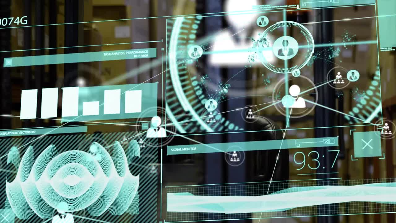 animación de la pantalla con red de procesamiento de datos de conexiones con iconos sobre el almacén