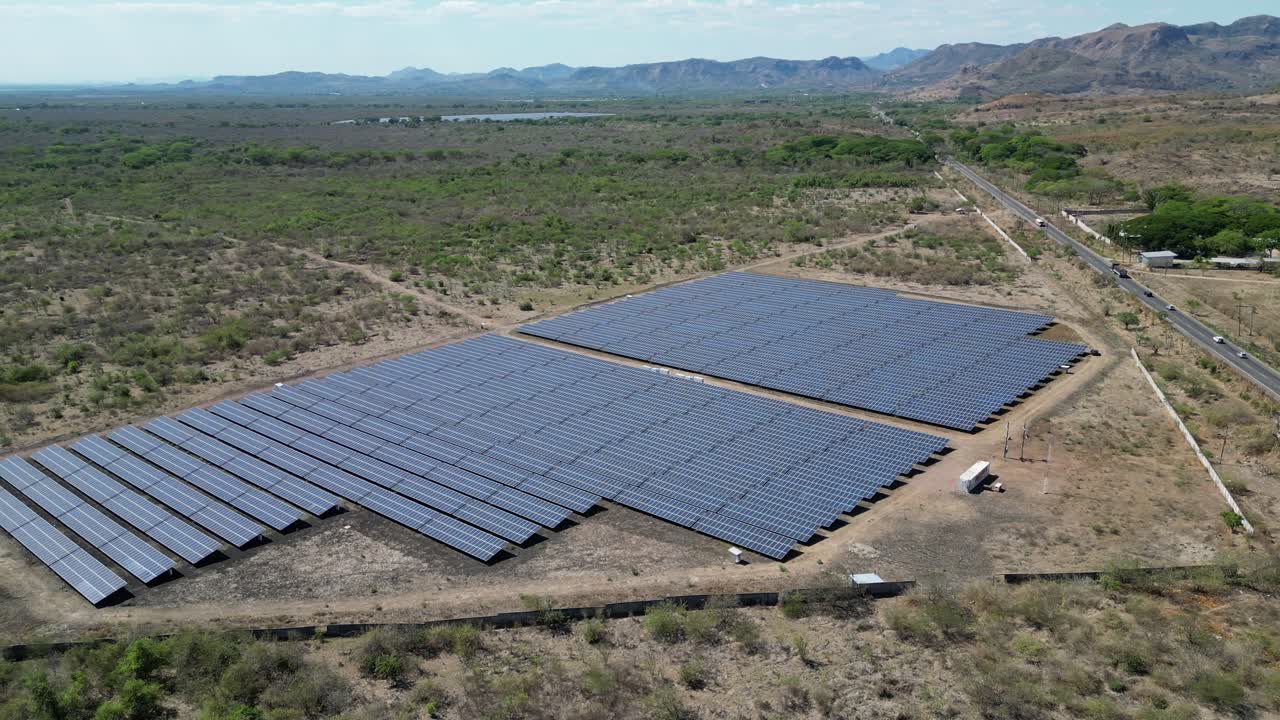 Aerial View of Photovoltaic Solar Farm, Clean Energy in Dry Environment, Honduras