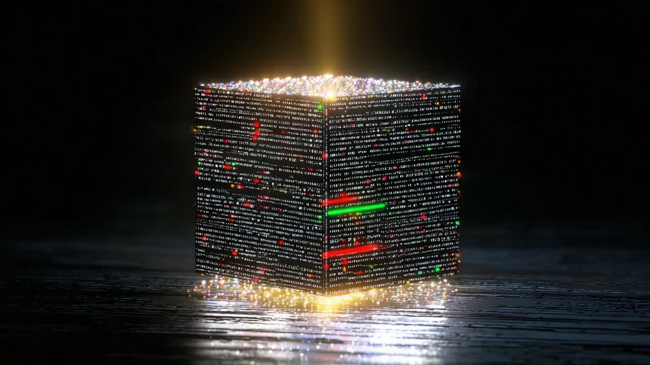 Powerful quantum computer cube processing vast amounts of data, representing concepts like big data, artificial intelligence, and blockchain technology in a seamless, endless rotation