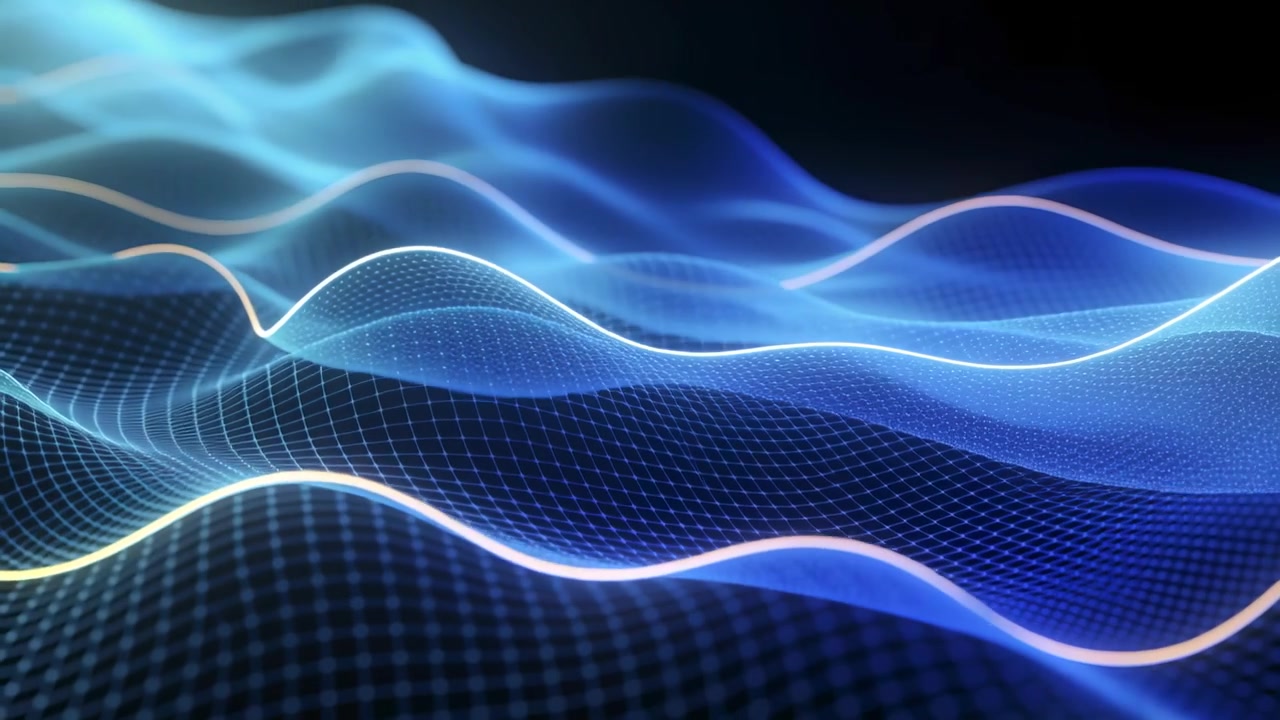 Starting playback, 3D mesh moving right, luminous ribbons exposing dot grid to show flow in void